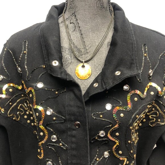 Pado California Embellished Black Denim Jacket Womens Medium-Large Vintage 80s - Picture 2 of 7
